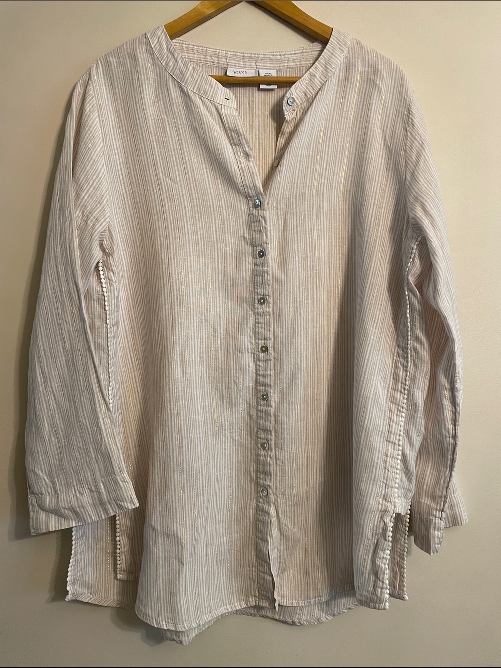 Antibes Blanc Linen Blend Tunic Shirt Women’s XL Beige Gold Stripe Button Front - Picture 2 of 11